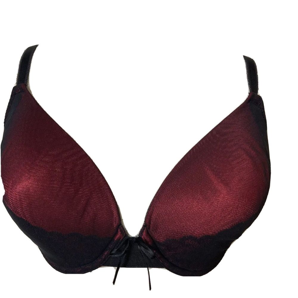 Vassarette Bra Women 42C Red Black Netted Overlay Underwire Lightly Lined Plunge